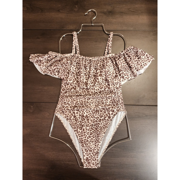 Tahari One piece Ruffle Strapless Swimsuit Bathing Suit LARGE Cheetah Leopard - Picture 4 of 13